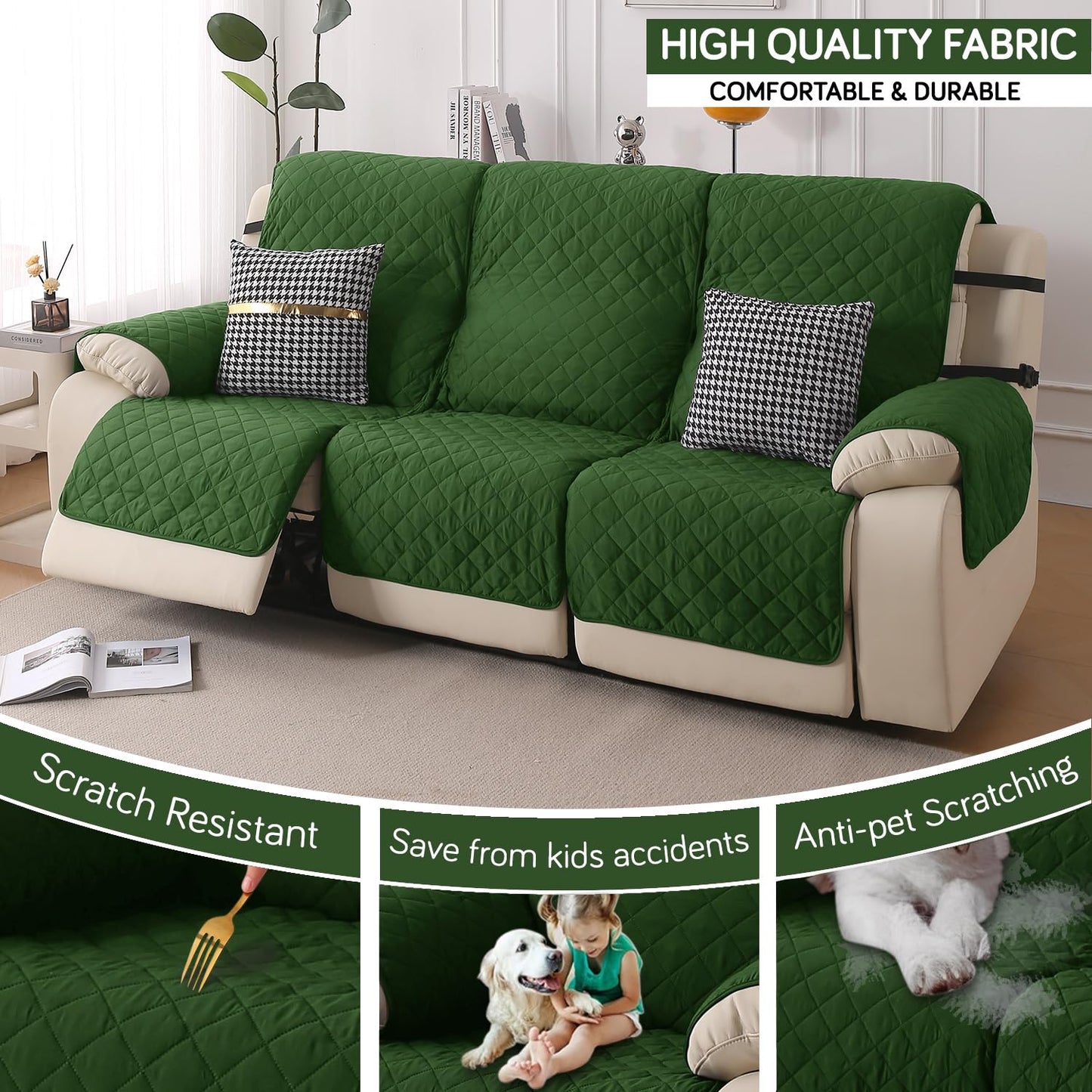 UrbanQuilt Recliner Sofa Slipcover Mat with Dual Belt for 1/2/3 Seater - Forest Green
