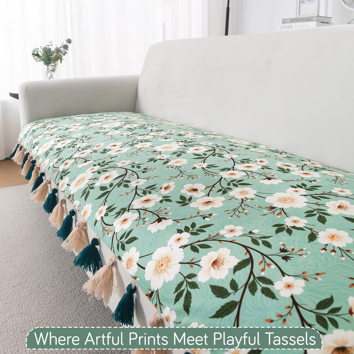 'Whispers of Nature' Series Holland Velvet Sofa Seat Mat with Tassel, Sage Floral Vine