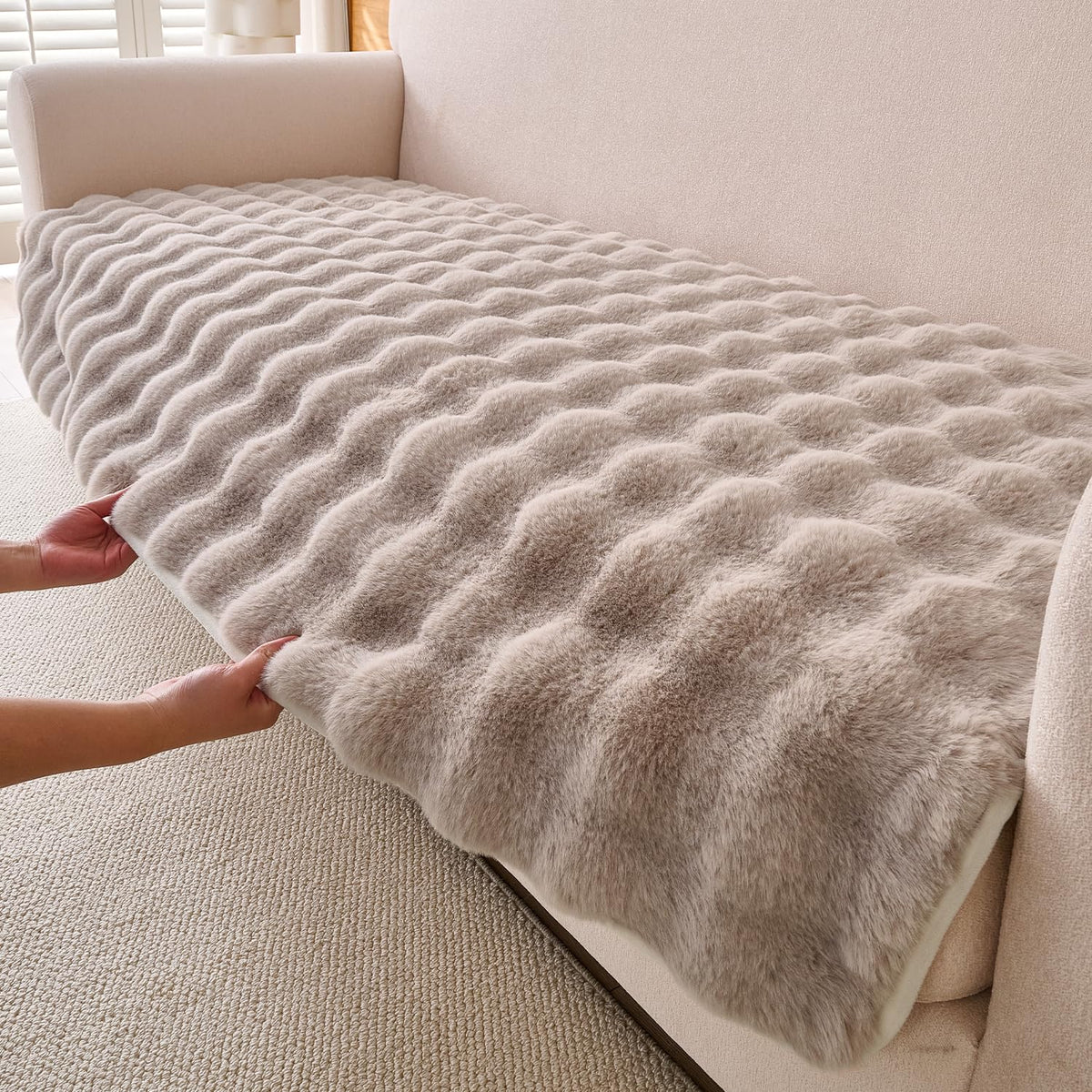 'FurHug' Premium Faux Rabbit Fur Sofa Seat Mats, Latte Brown