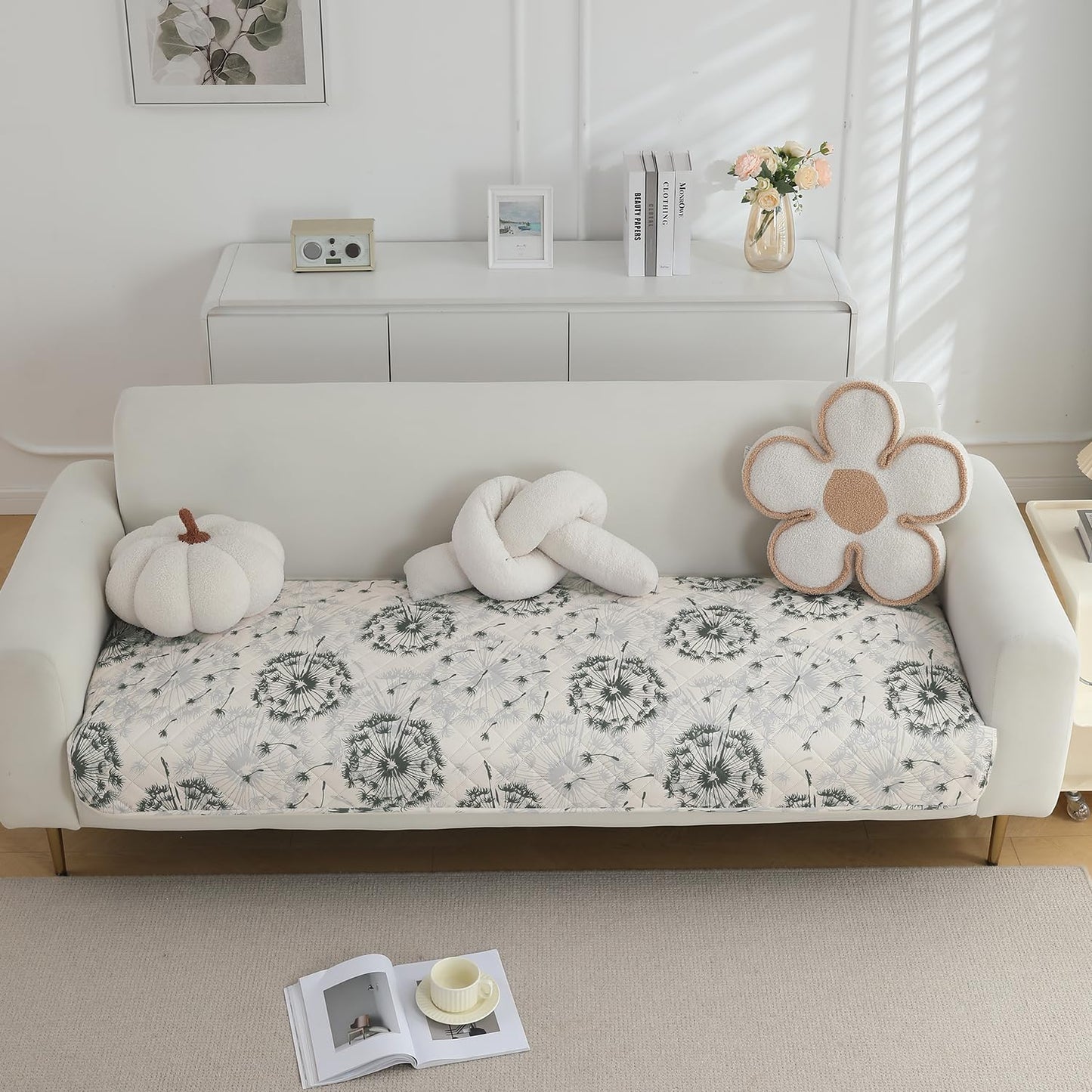 Quilted, Waterproof and Anti-Slip Sofa Cover Mat, Dandelion Anchor Grey