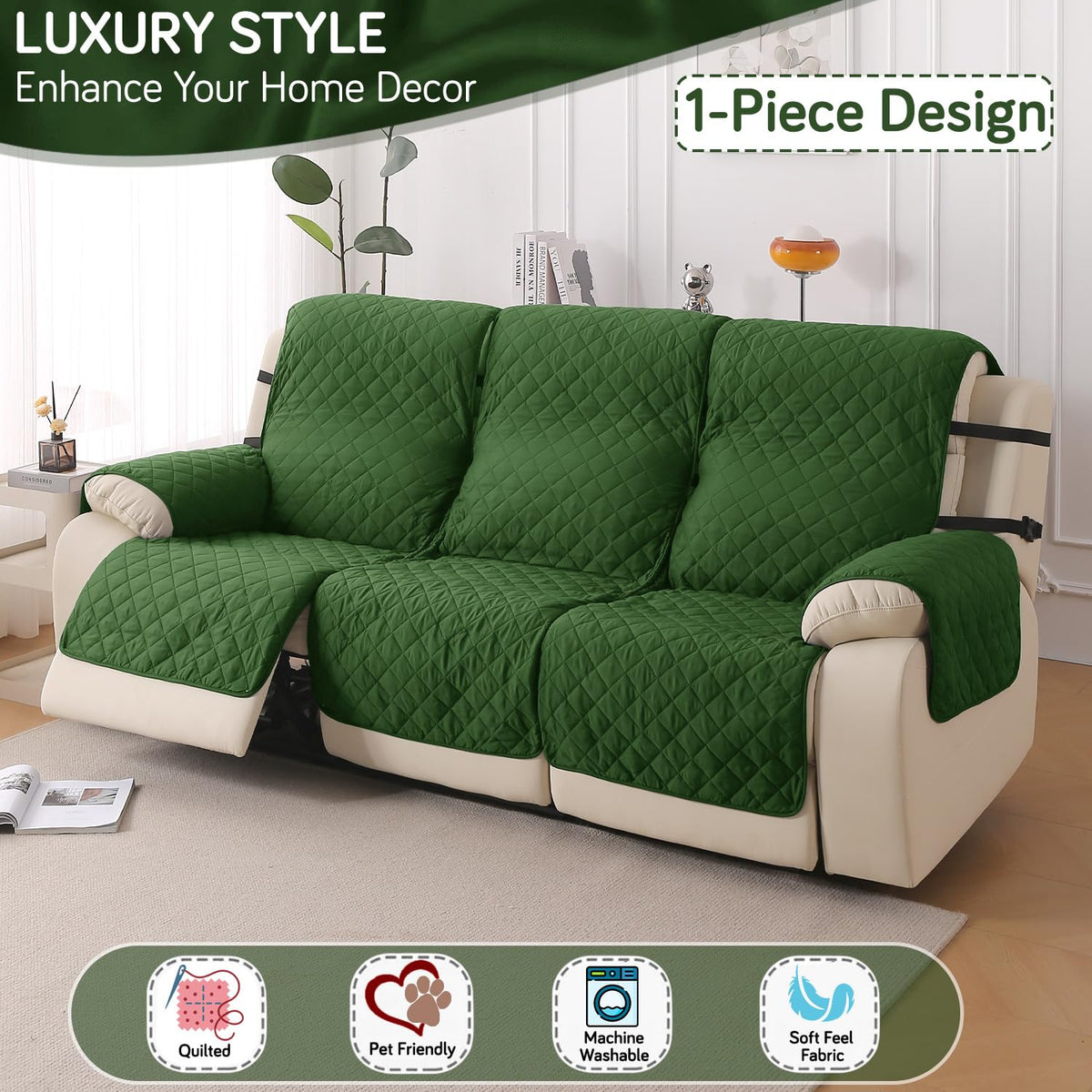 UrbanQuilt Recliner Sofa Slipcover Mat with Dual Belt for 1/2/3 Seater - Forest Green