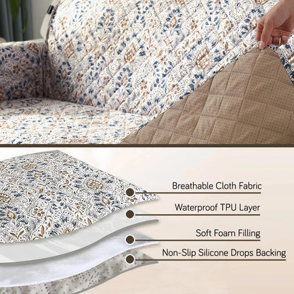Quilted Waterproof Sofa Cover Mat with Pockets on Armrest Cover -Damask White