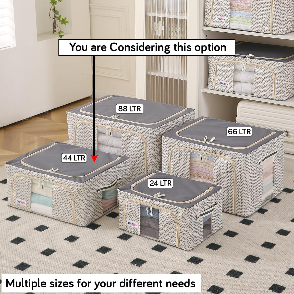 Wardrobe Organizer Storage Box | Foldable Cloth Storage Boxes with Metal Frame & Window | 600D Oxford Fabric, Cream Mist