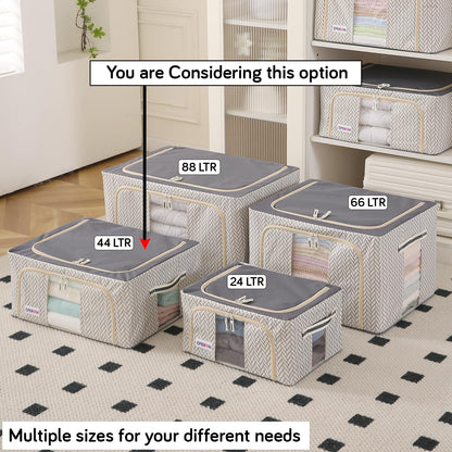 Wardrobe Organizer Storage Box | Foldable Cloth Storage Boxes with Metal Frame & Window | 600D Oxford Fabric, Cream Mist