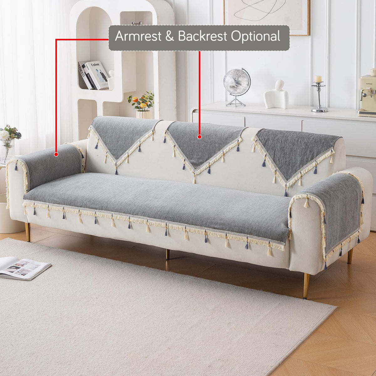 Serenity Tassel Chenille Sofa Cover with Tassel – Glacier Silver