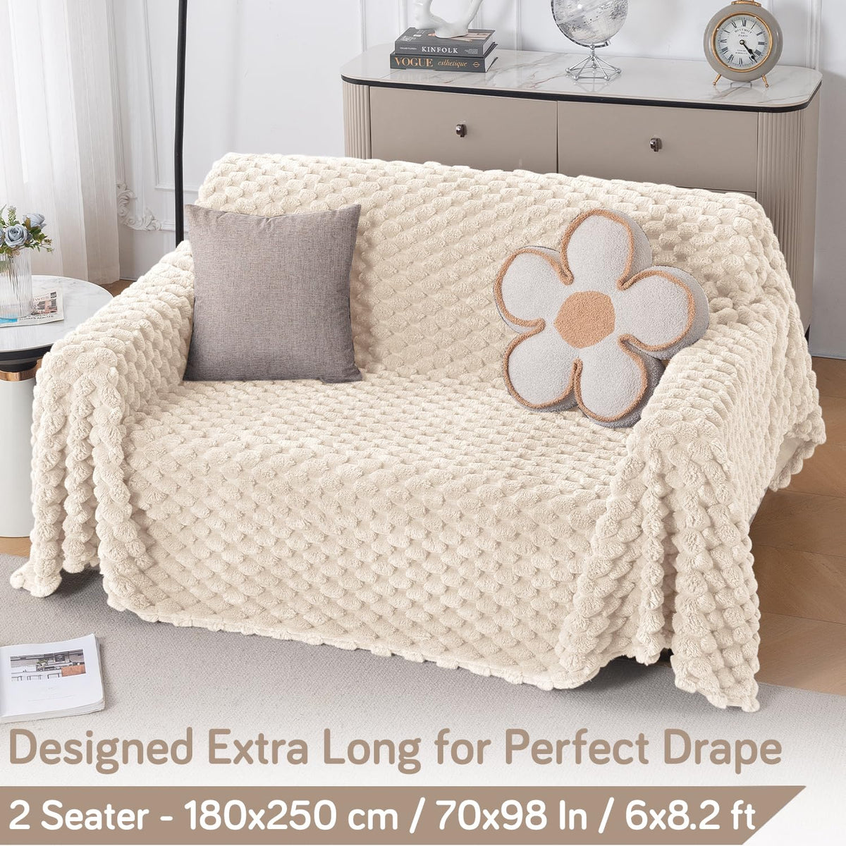 Luxury Rabbit Wool Plush Sofa Throw, Cream