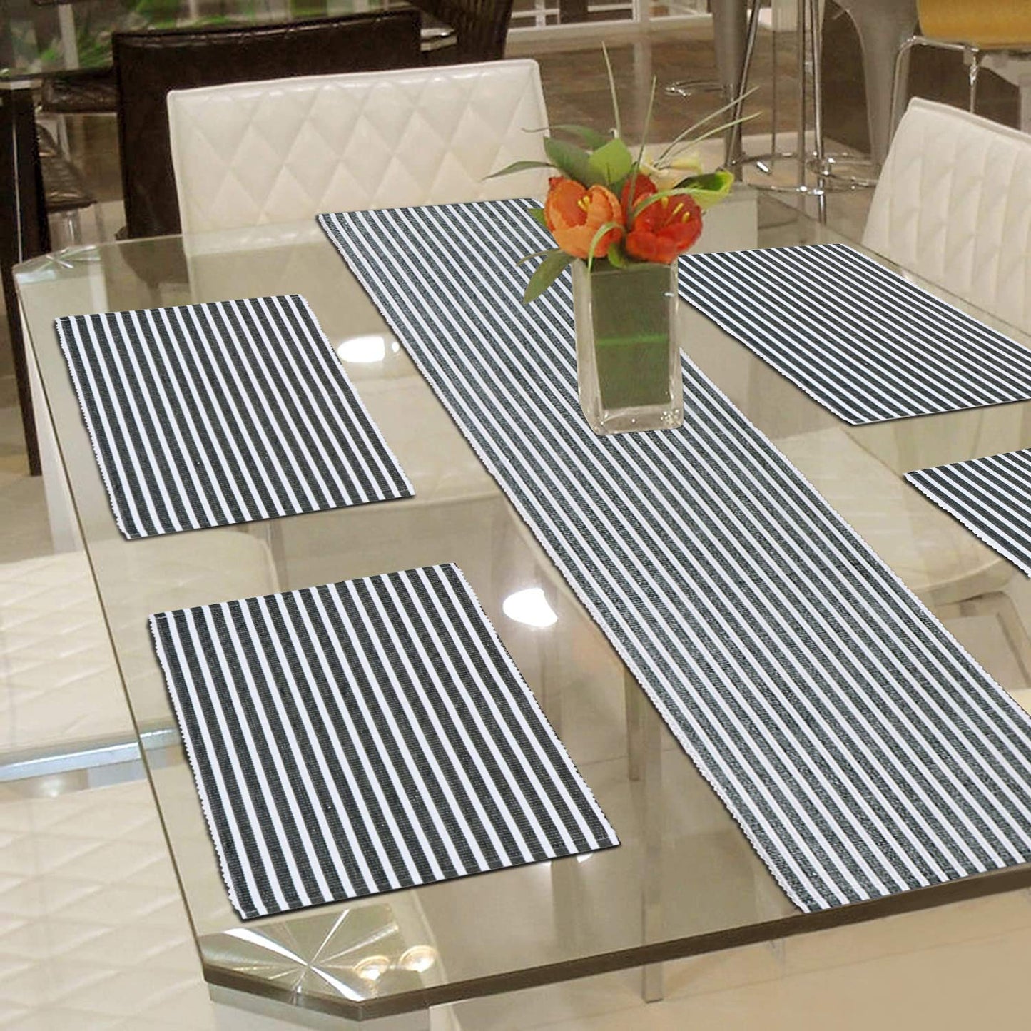 Ribbed Cotton Heat Resistant Dining Table Mat, Grey Striped