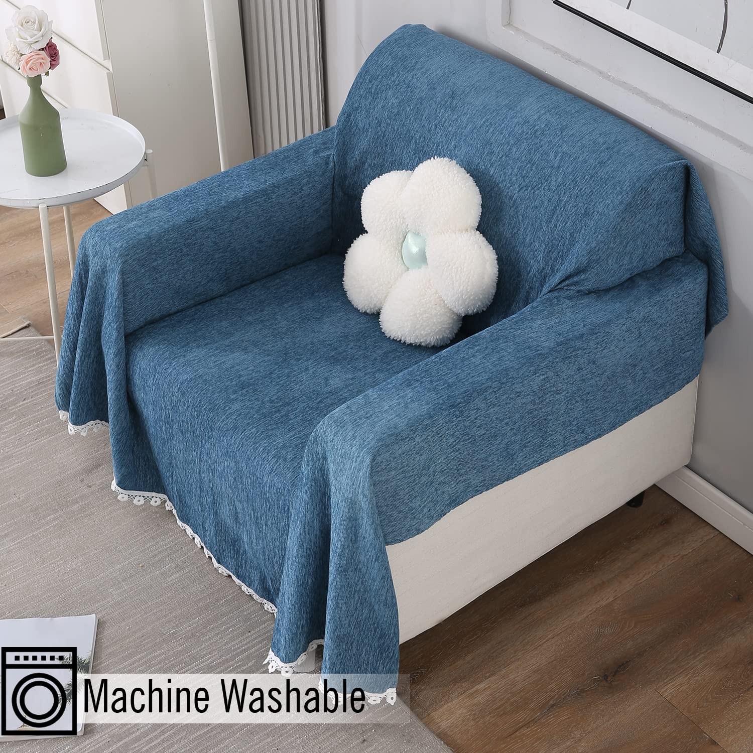 1 Seater elegant Blue colour chenille sofa throw of size 180(D)x180(L) 
