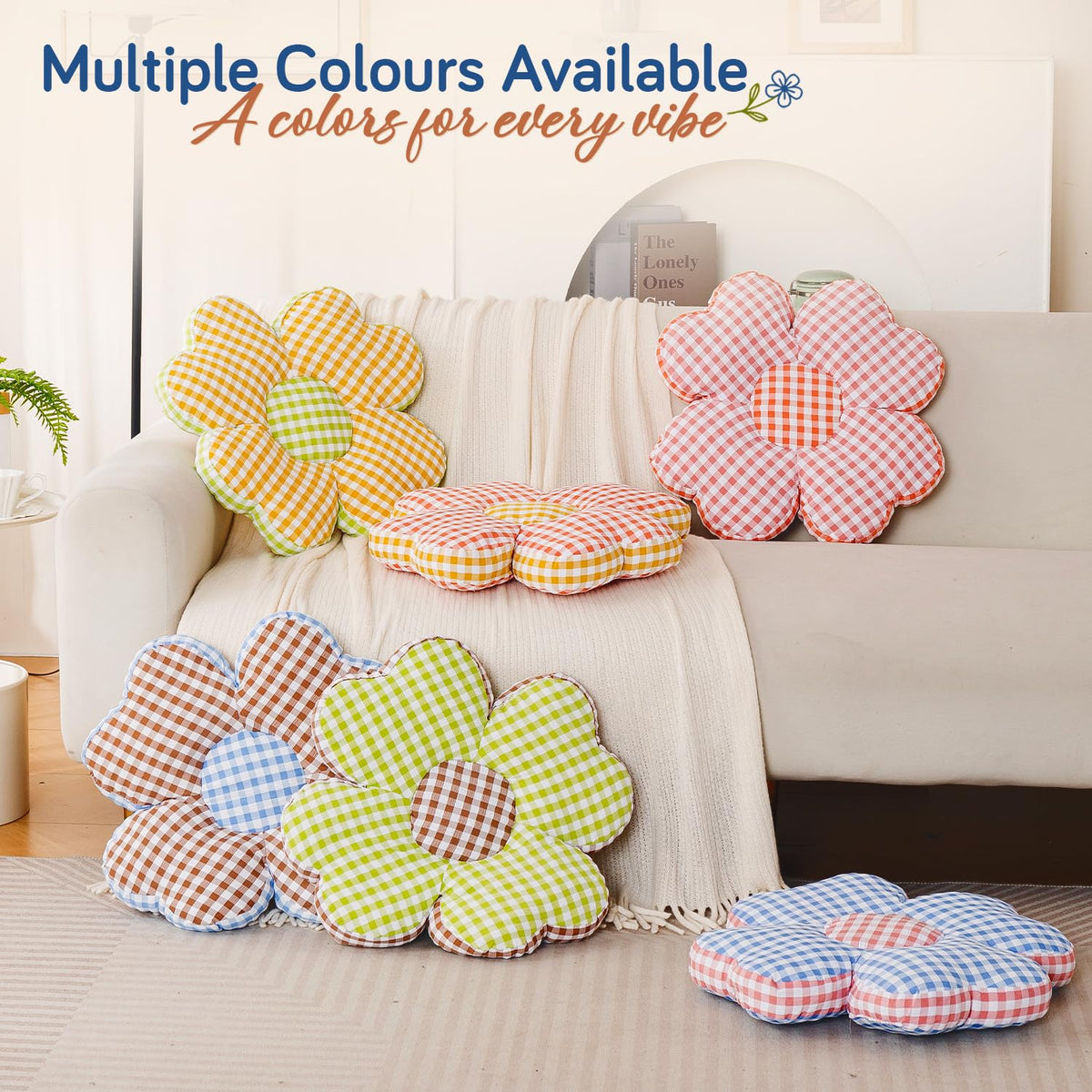 HOKIPO Checkered Daisy Flower Cushion for Sofa & Bed, 49 cm, Brown