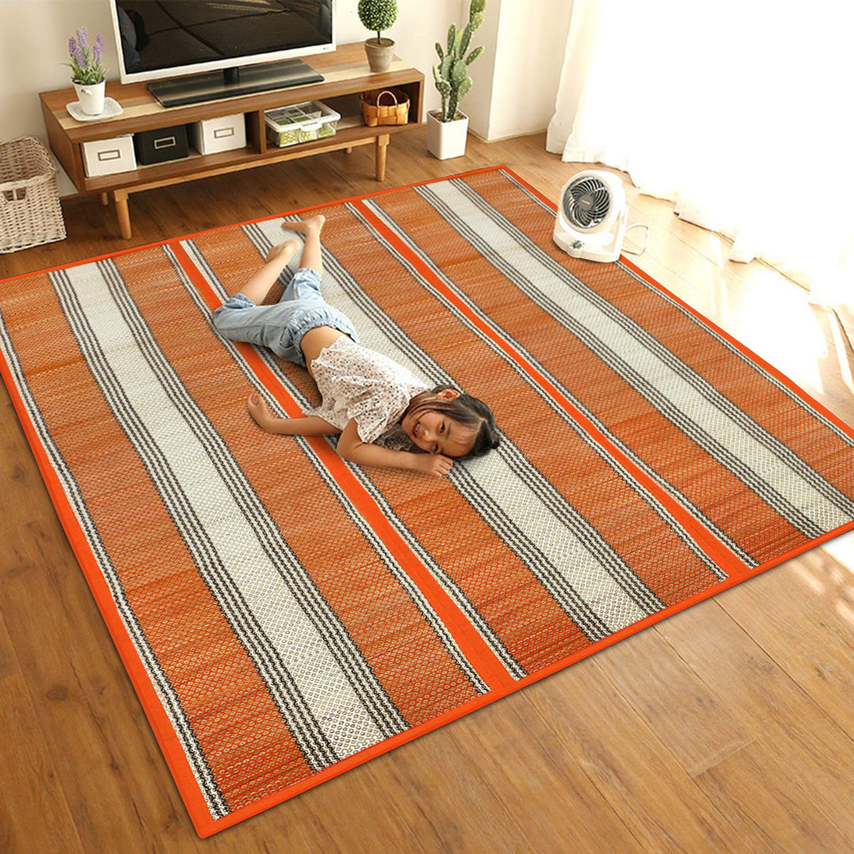 Colorful handmade orange chatai online floor mat | HOKIPO