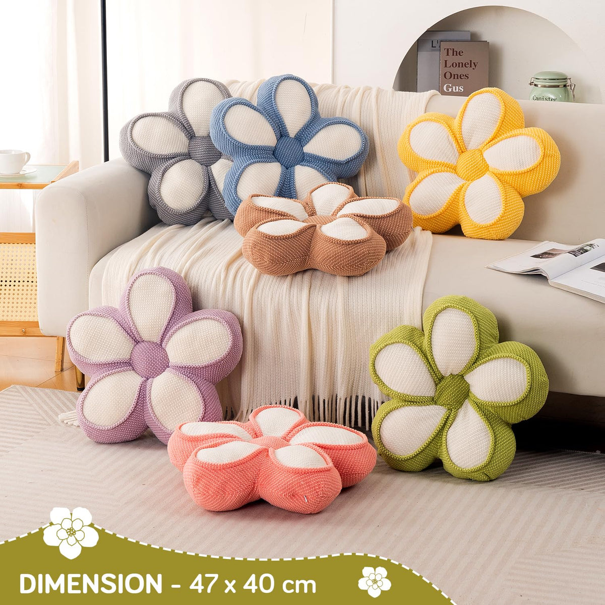 HOKIPO Daisy Petal Flower Cushion for Sofa & Bed, 47 cm, Blue