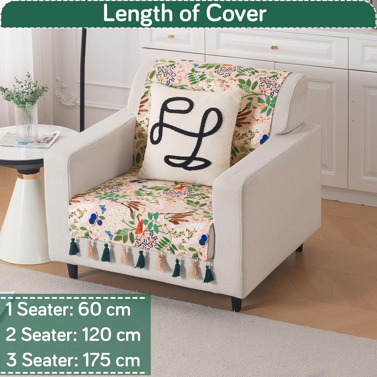 'Whispers of Nature' Series Holland Velvet Sofa Cover with Tassel, Beige Woodland Bloom