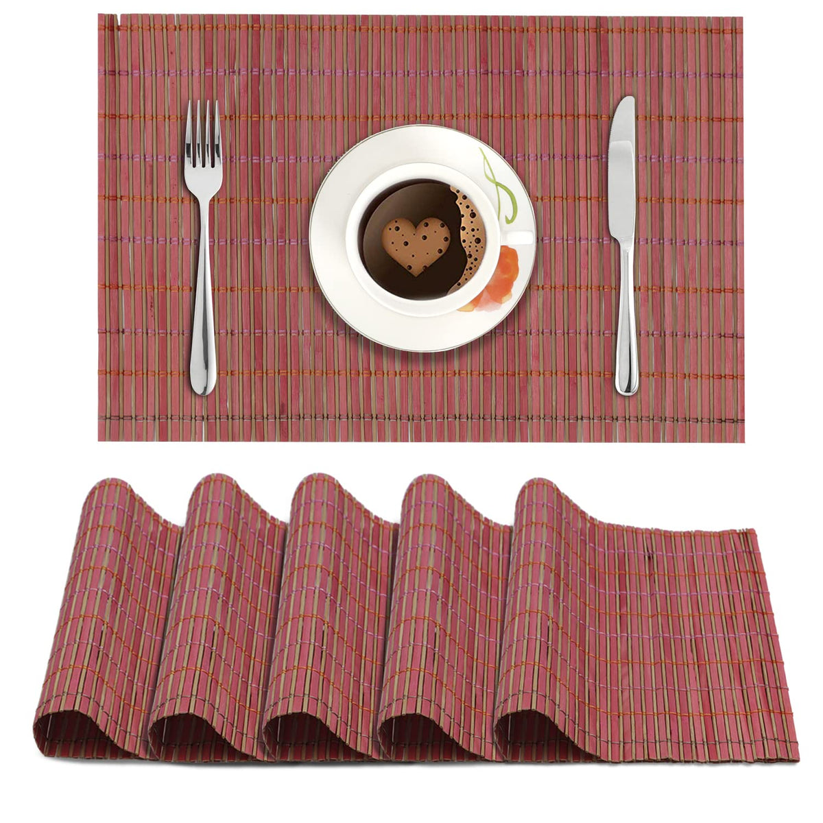Reversible Bamboo Placemats for Dining Table Set of 6 Table Mats, 45x30 cm, Blush Red
