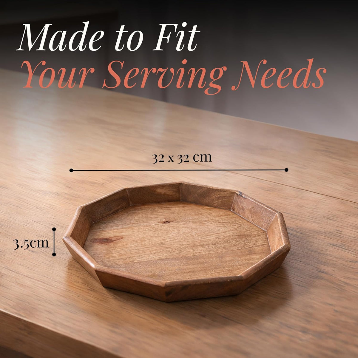 HOKIPO Arbor Mango Wood 10 Sided Serving Tray with Raised Edge, 32 cm - image 5