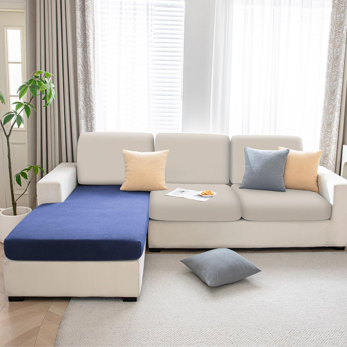 Stretchable Thick Jacquard Textured Seat Cushion Cover for 1/2/3 Seaters / Pieces for Sofa, Navy Blue