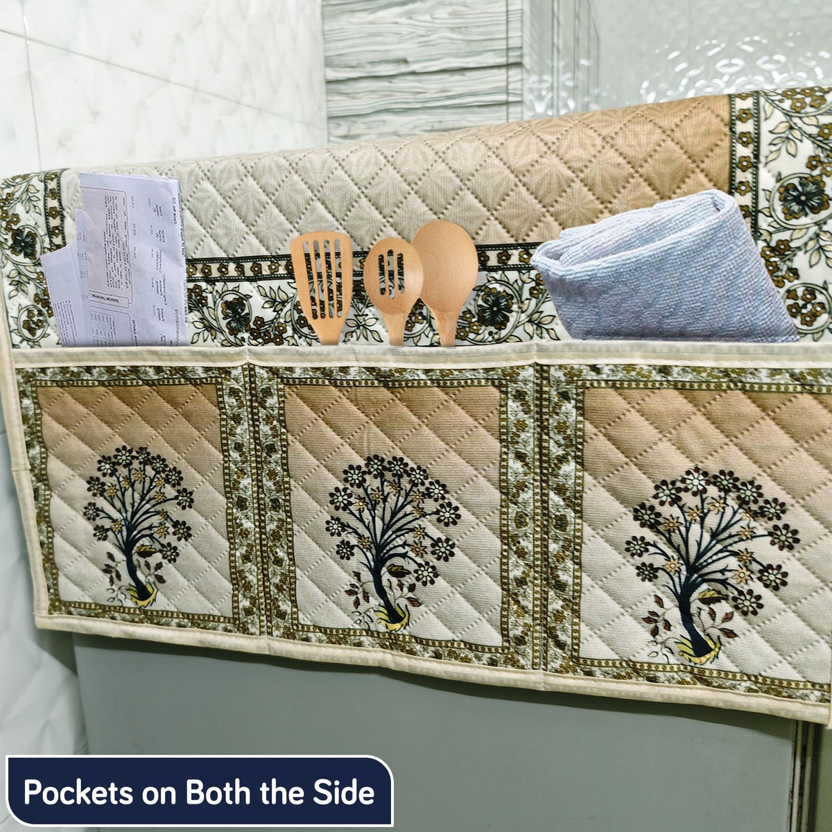 Eternal Floral Printed Quilted Fridge Top Cover with side Pockets - Ornate Tree