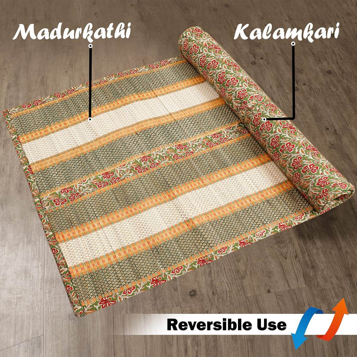 Green Reversible Madurkathi mat with Kalamkari design, eco-friendly handcrafted floor mat with foam.