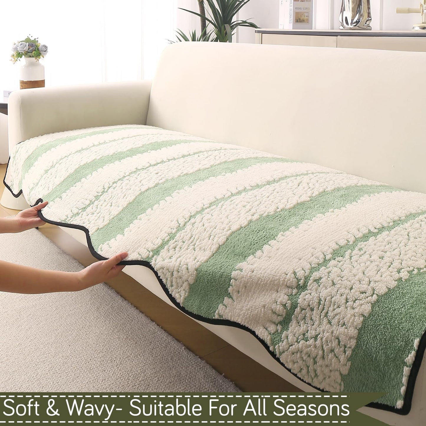 Luxury Wavy Anti Slip Plush Sofa Cover Mat, Pistachio Green
