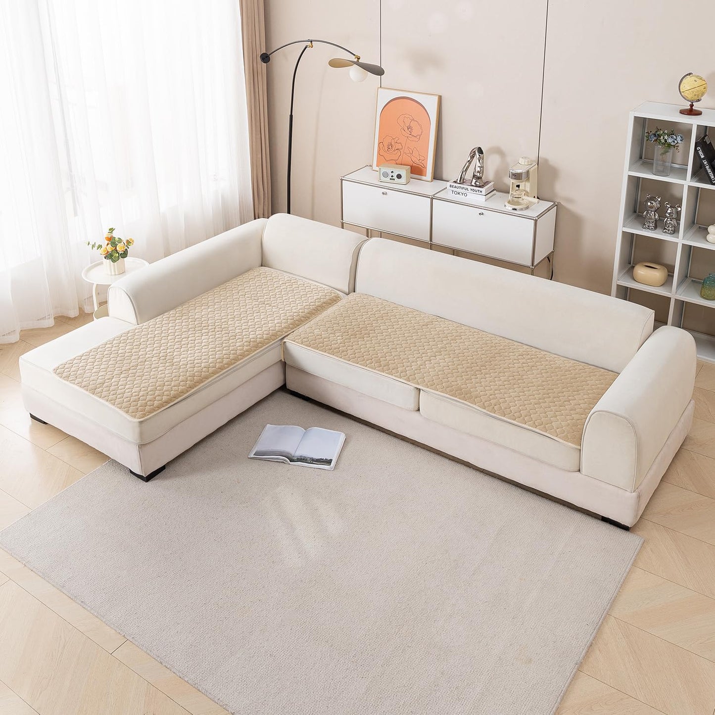 Diamond Plush Premium Quilted L Shape Sofa Cover Seat Mat, Beige