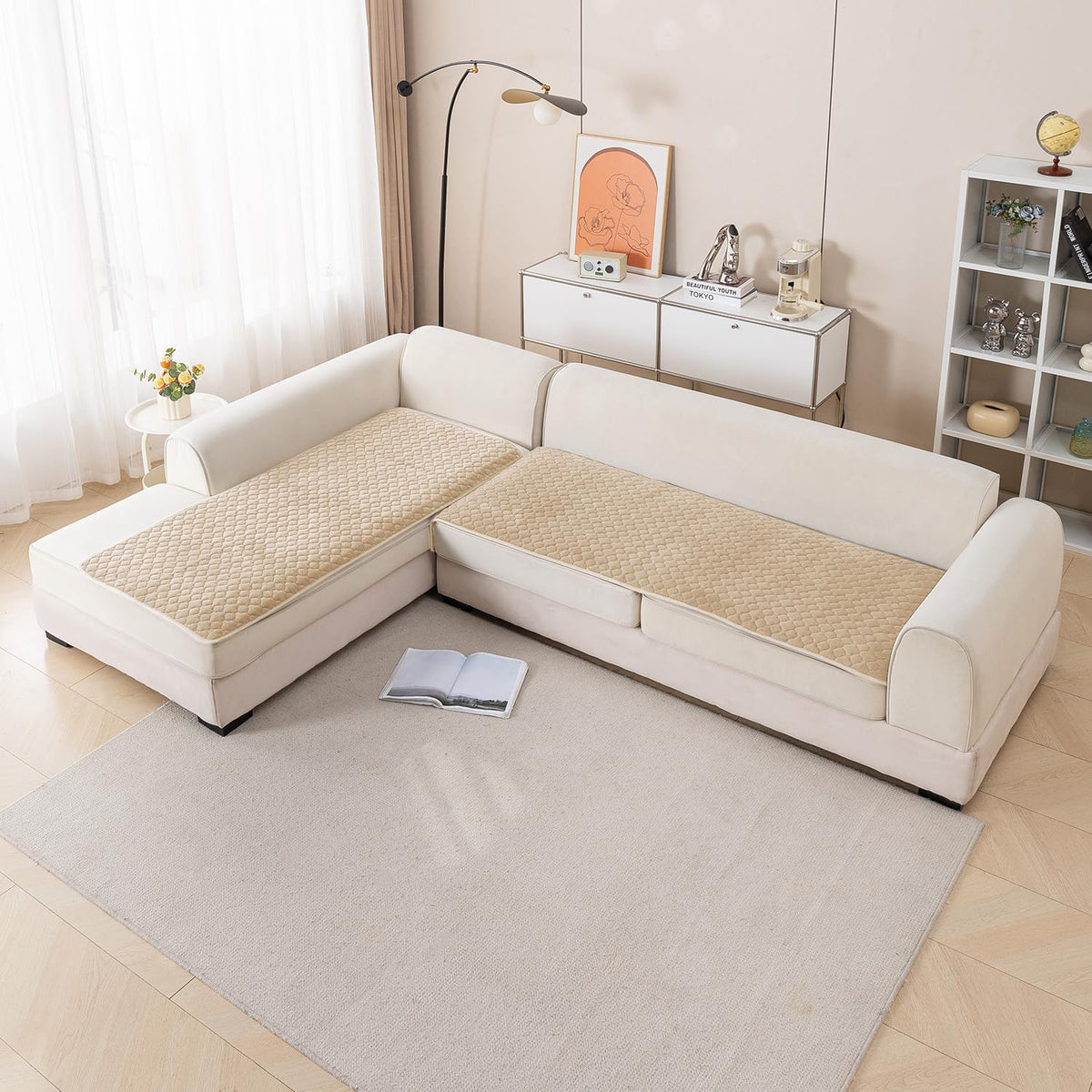 Diamond Plush Premium Quilted L Shape Sofa Cover Seat Mat, Beige