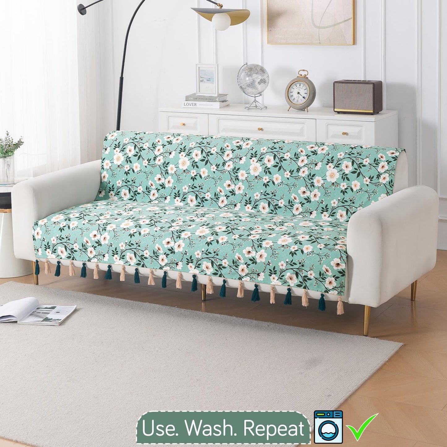 'Whispers of Nature' Series Holland Velvet Sofa Cover with Tassel, Sage Floral Vine