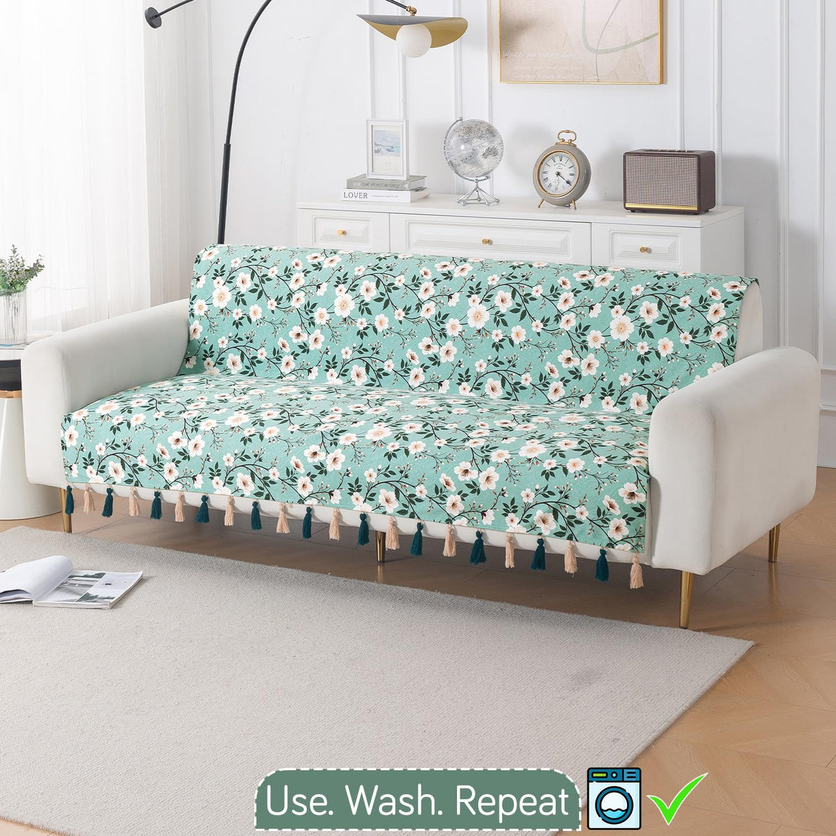 'Whispers of Nature' Series Holland Velvet Sofa Cover with Tassel, Sage Floral Vine