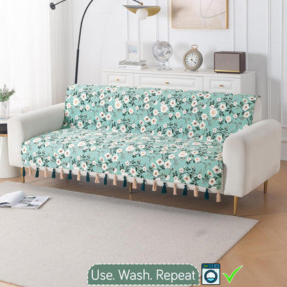 'Whispers of Nature' Series Holland Velvet Sofa Cover with Tassel, Sage Floral Vine