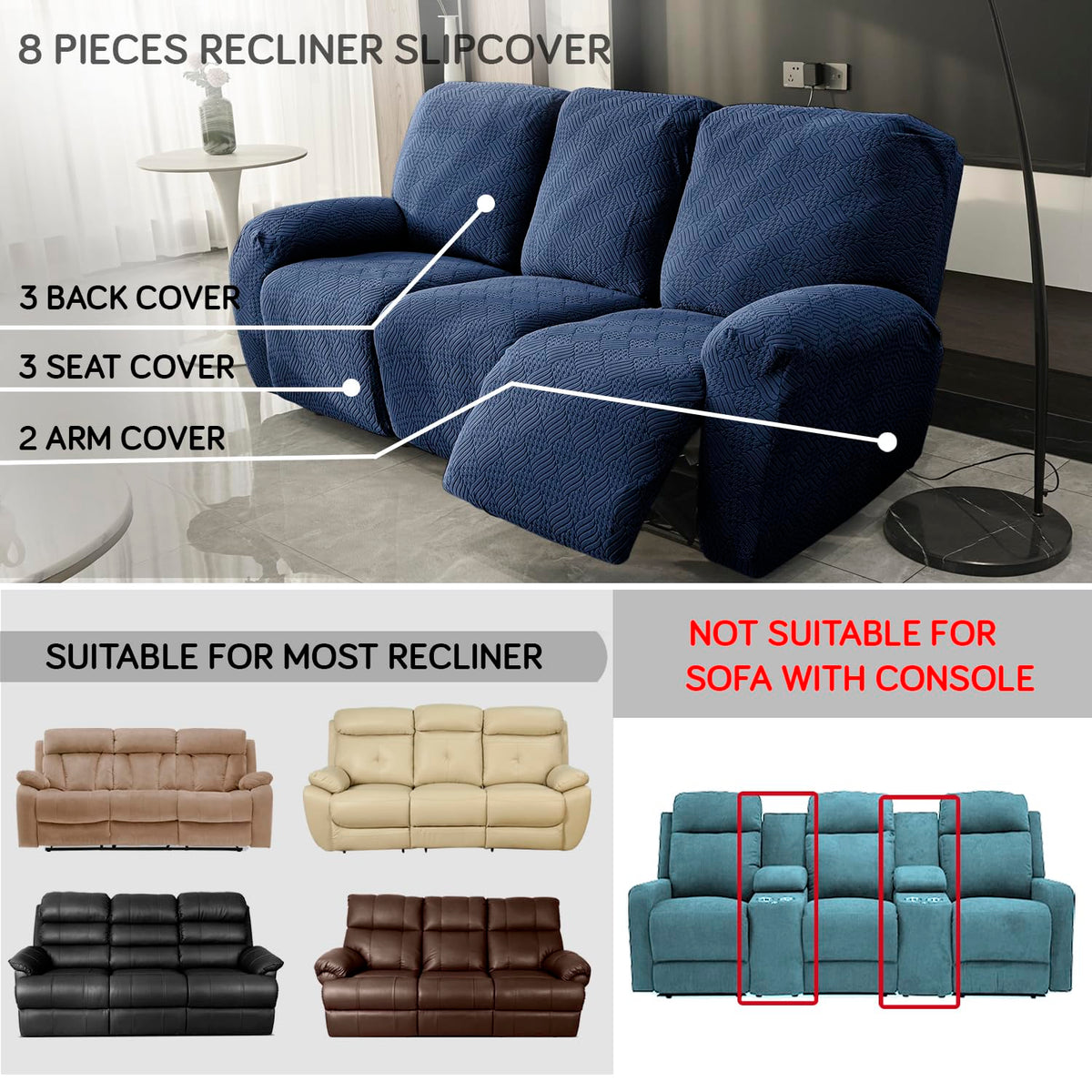 Buy Navy Blue Colour Jacquard 8 Pieces Recliner Slipcover | HOKIPO