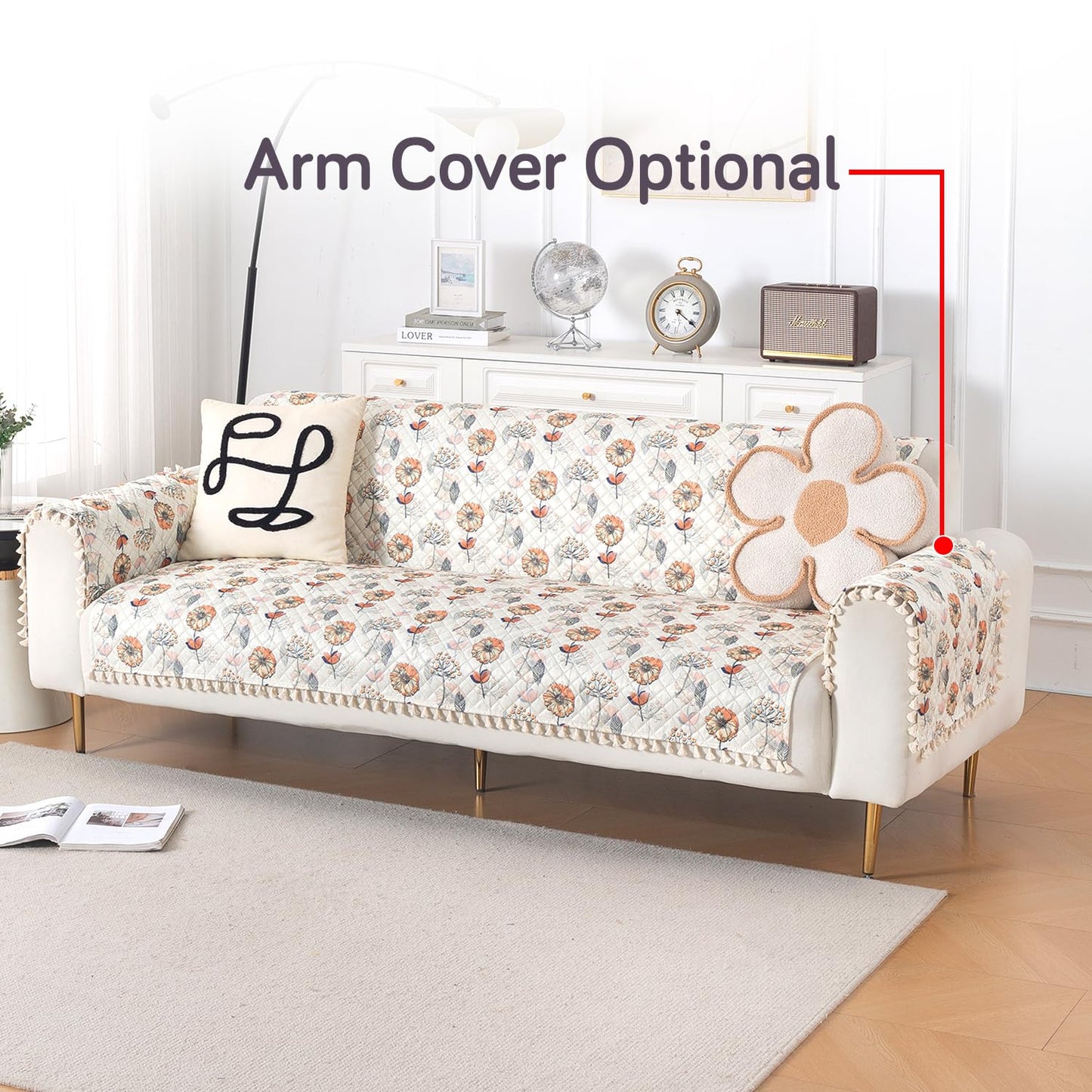 Quilted Sofa Cover 5-Seater Sofa Cover (3+1+1), Tassel Twigs | Wildflower Breeze