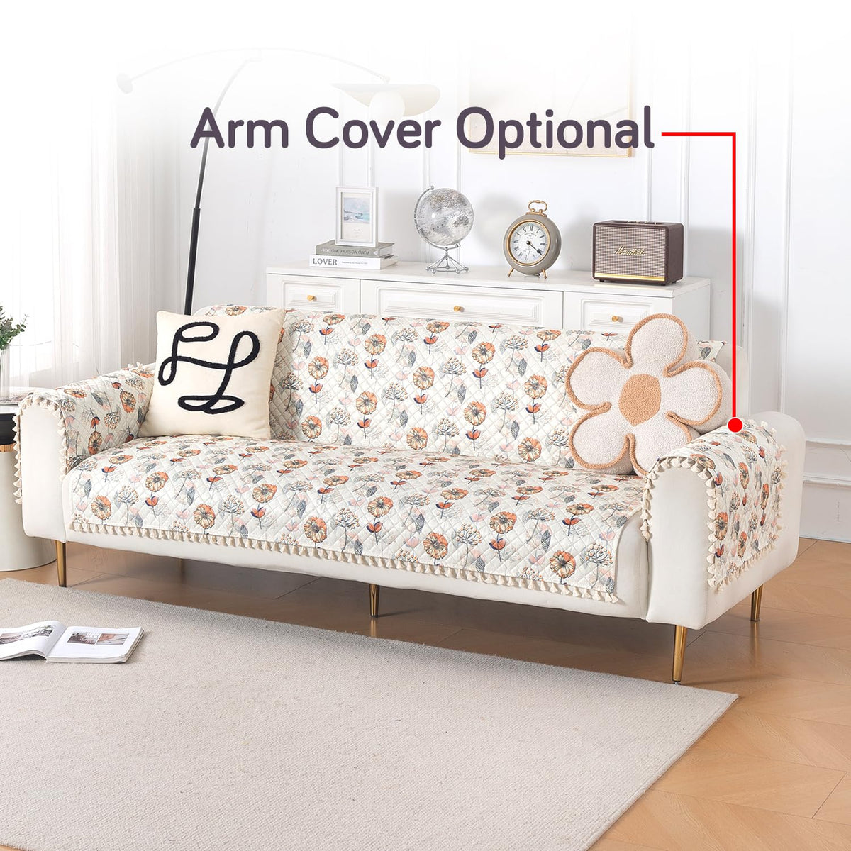 Quilted Sofa Cover 5-Seater Sofa Cover (3+1+1), Tassel Twigs | Wildflower Breeze