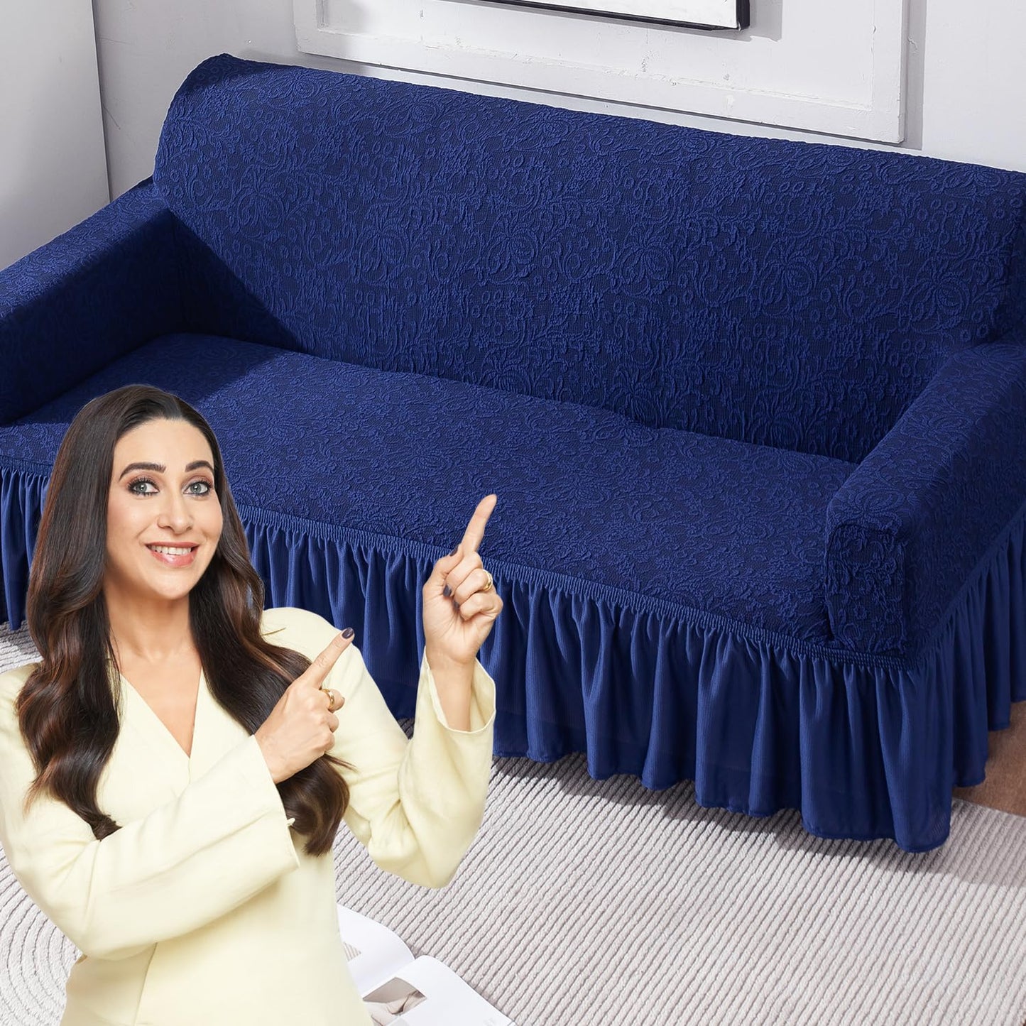 Elastic Stretchable Designer Woven Jacquard Sofa Cover with Frill, Navy Blue