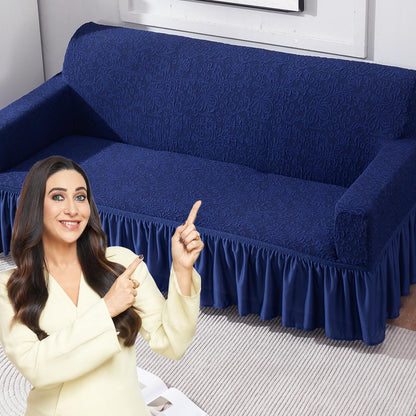 Elastic Stretchable Designer Woven Jacquard Sofa Cover with Frill, Navy Blue