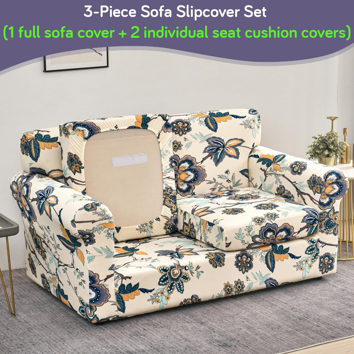 Printed Stretchable Sofa Slipcover with 1/2/3 Pc Separate Seat Cushion Cover for each 1/2/3 Seater, Cream Majestic Flora