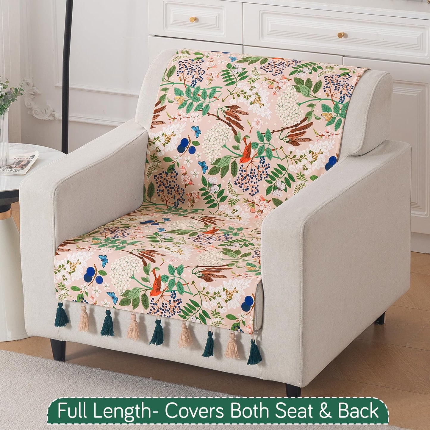'Whispers of Nature' Series Holland Velvet Sofa Cover with Tassel, Beige Woodland Bloom