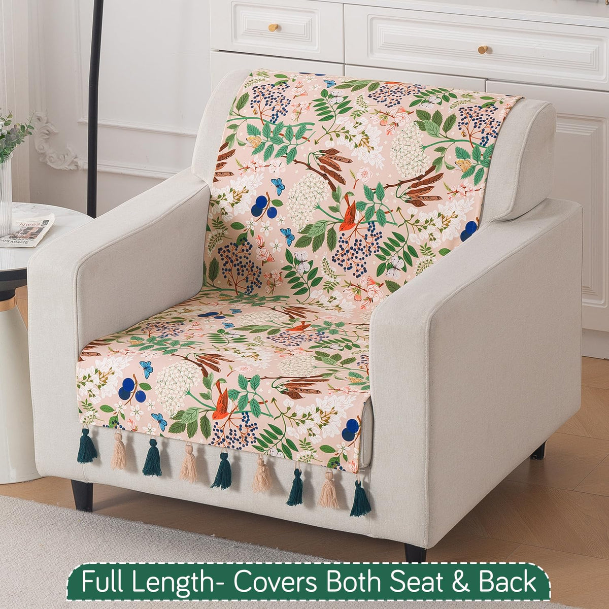'Whispers of Nature' Series Holland Velvet Sofa Cover with Tassel, Beige Woodland Bloom