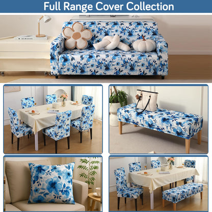 Premium Printed Velvet Sofa Cover 1/2/3 Seaters Fully Covered, Blue Azure Botanical