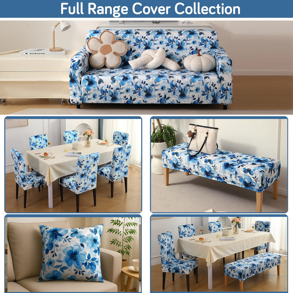 Premium Printed Velvet Dining Chair Cover Set, Blue Azure Botanical