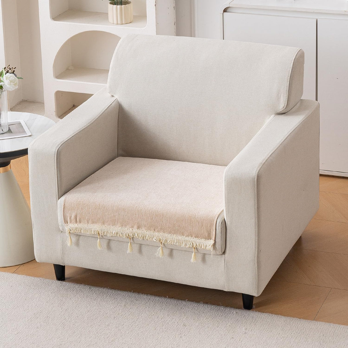 Serenity Tassel Chenille Sofa Cover with Tassel – Ivory Fringe