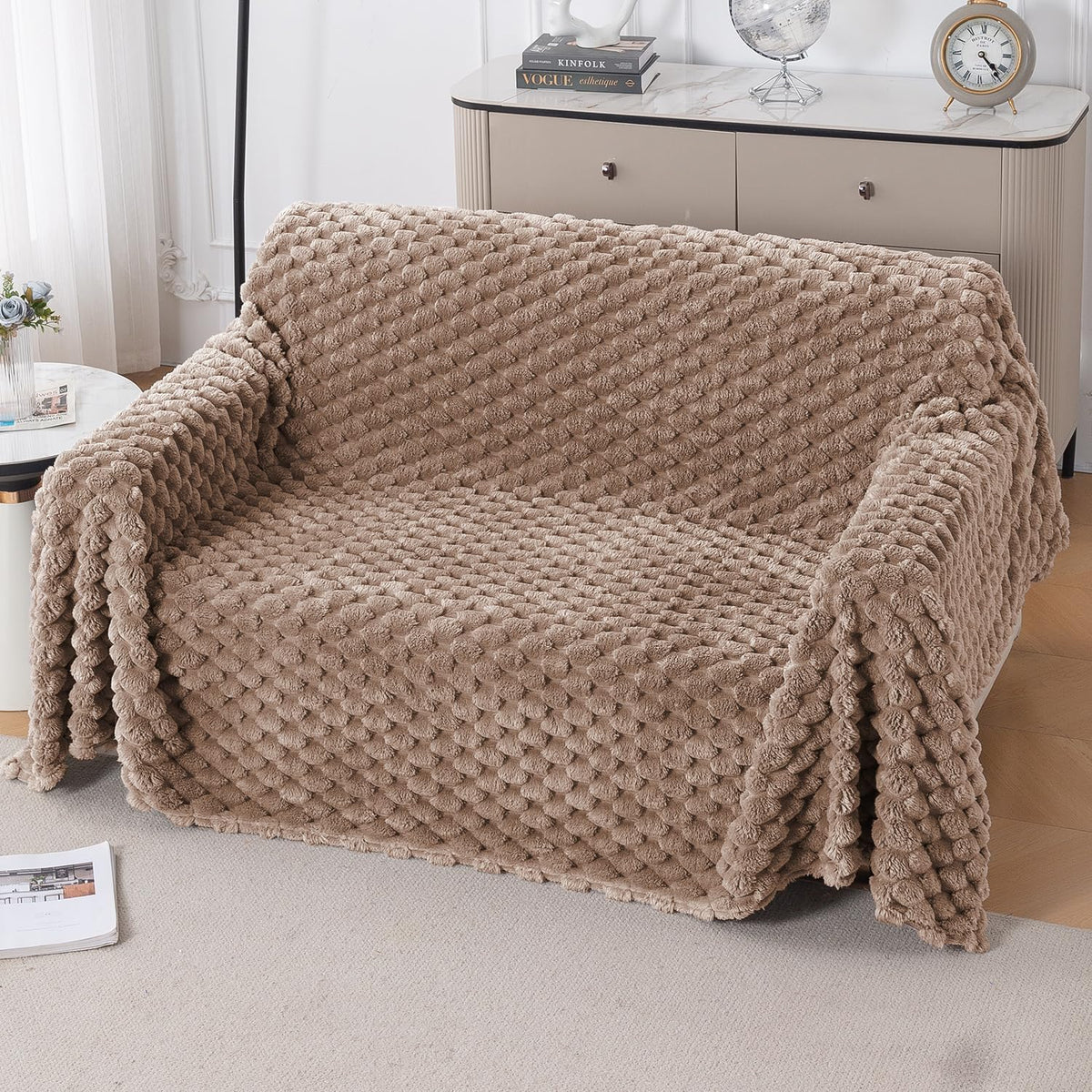 Luxury Rabbit Wool Plush Sofa Throw, Canvas Brown