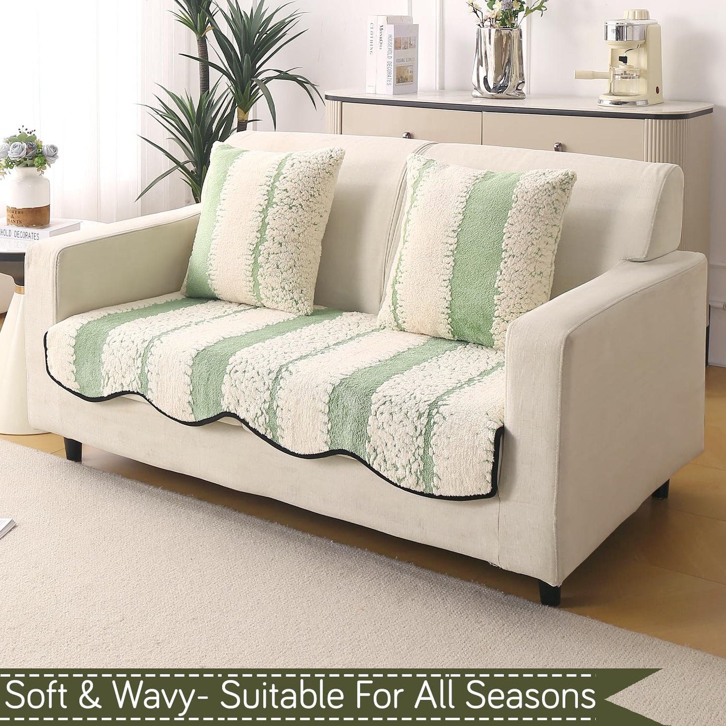 Luxury Wavy Anti Slip Plush Sofa Cover Mat, Pistachio Green