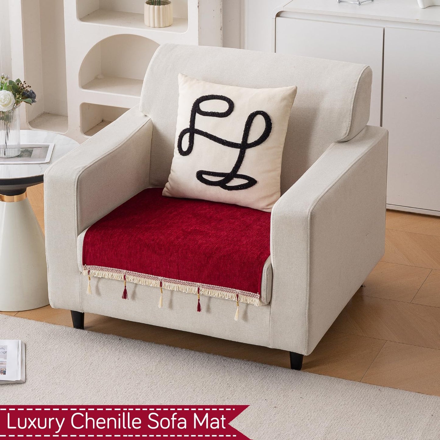 Serenity Tassel Chenille Sofa Cover with Tassel – Crimson Ruby