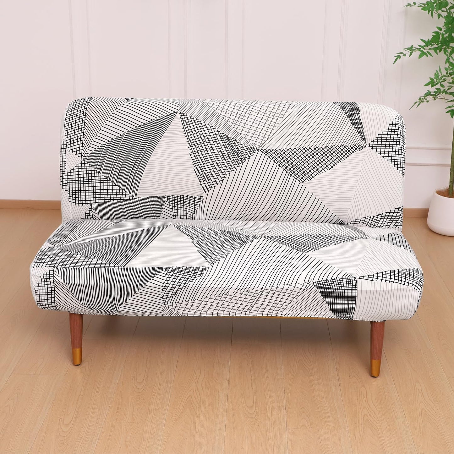 Elira Series Stretchable Elastic Armless Sofa Cover – 140 GSM, Futon Slipcover, Easy Fit, Snow White Black Geometry