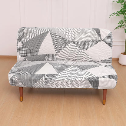 Elira Series Stretchable Elastic Armless Sofa Cover – 140 GSM, Futon Slipcover, Easy Fit, Snow White Black Geometry