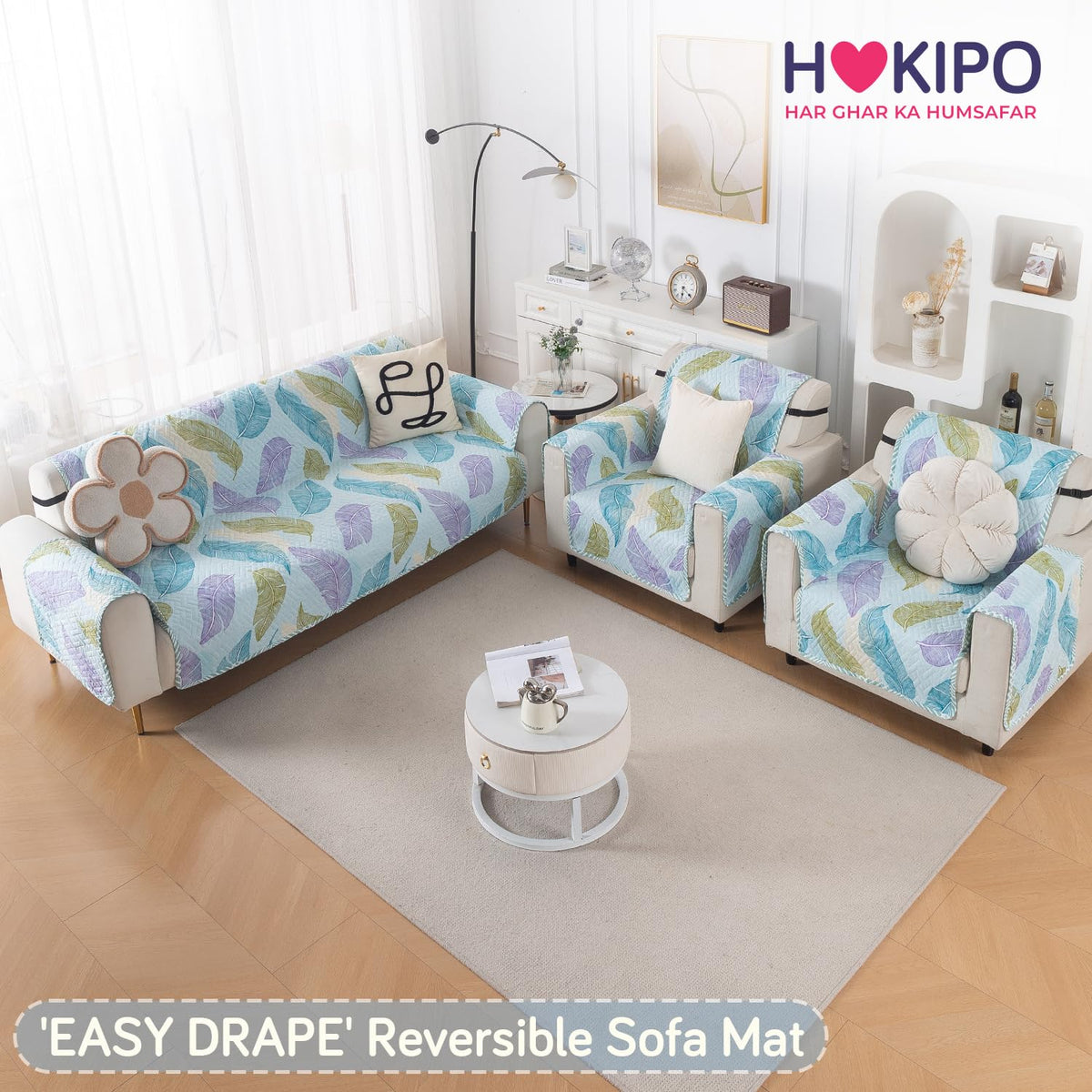 Easy Drape Reversible Quilted 5-Seater Sofa Cover (3+1+1), Colourful Leaves