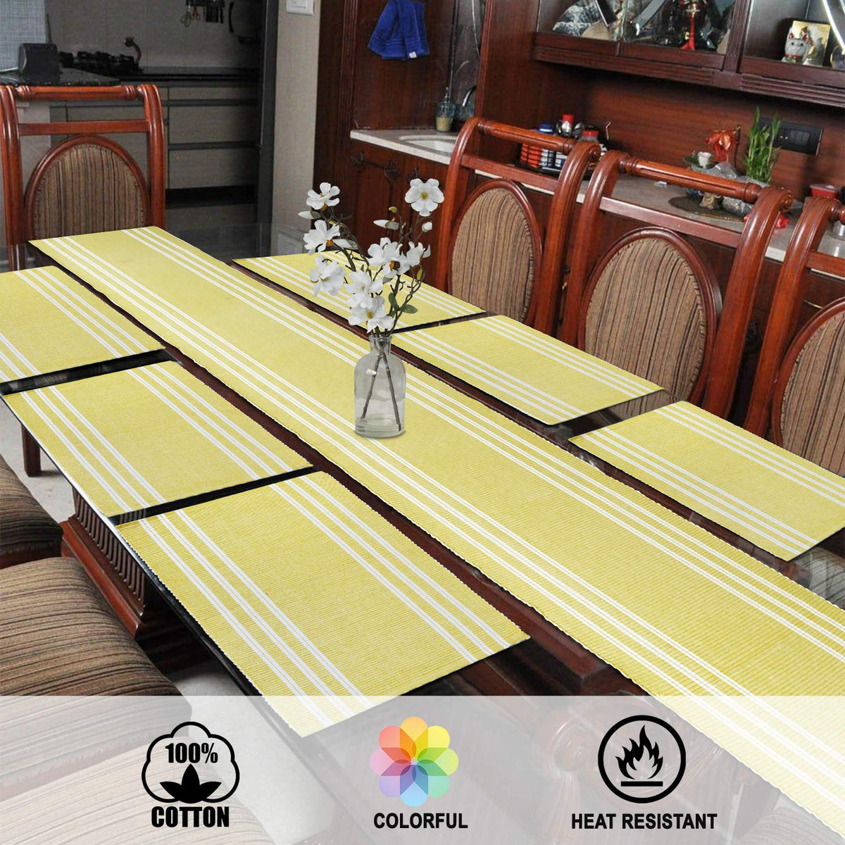 Ribbed Cotton Heat Resistant Dining Table Mat, Yellow Striped