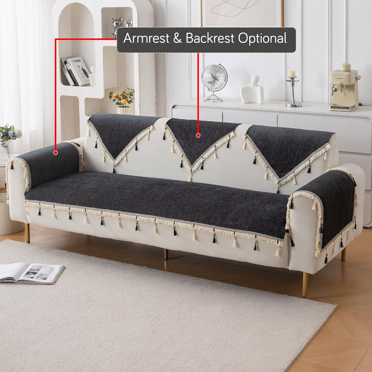 Serenity Tassel Chenille Sofa Cover with Tassel – Midnight Graphite
