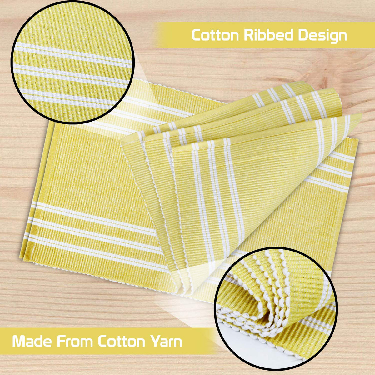 Ribbed Cotton Heat Resistant Dining Table Mat, Yellow Striped