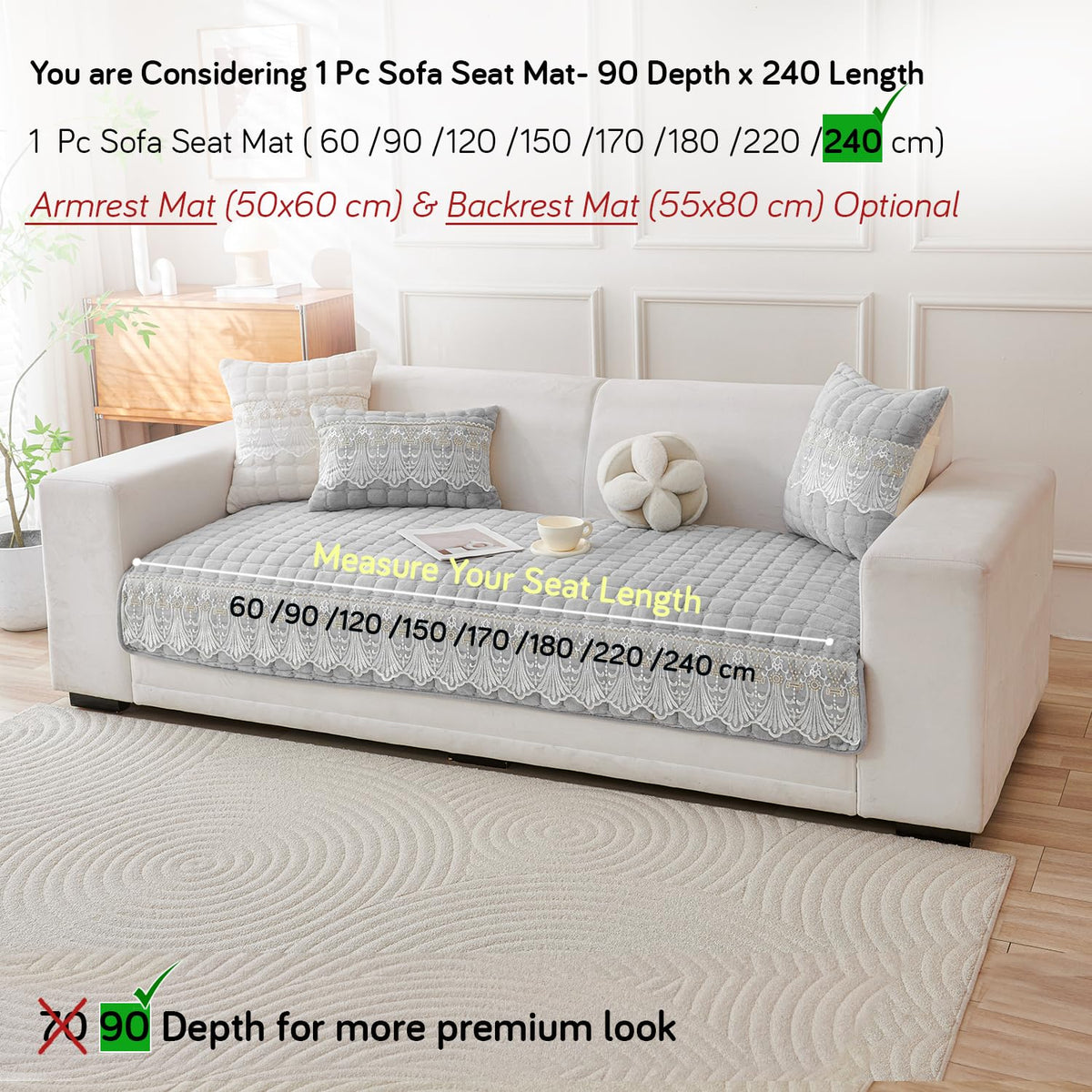 BelleLace Series Imperial Milk Velvet Sofa Cover Mat with Lace Design - Cloud Grey