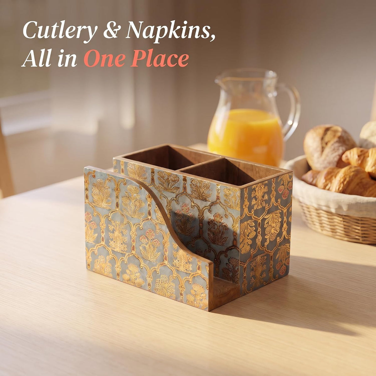 HOKIPO Cutlery Holder with Napkin Stand, Engineered Wood, Shahi Gulnaar - image 7
