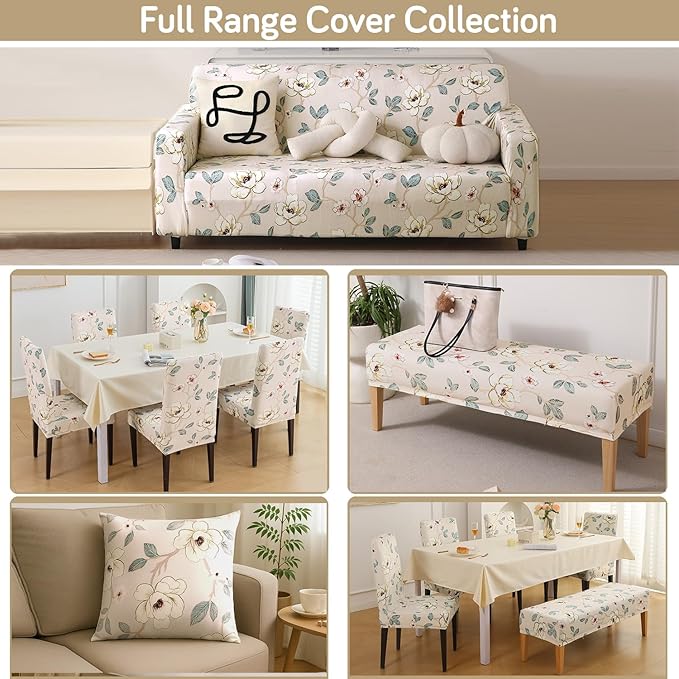 Premium Printed Velvet Dining Chair Cover Set, Buttercream Magnolia Whisper